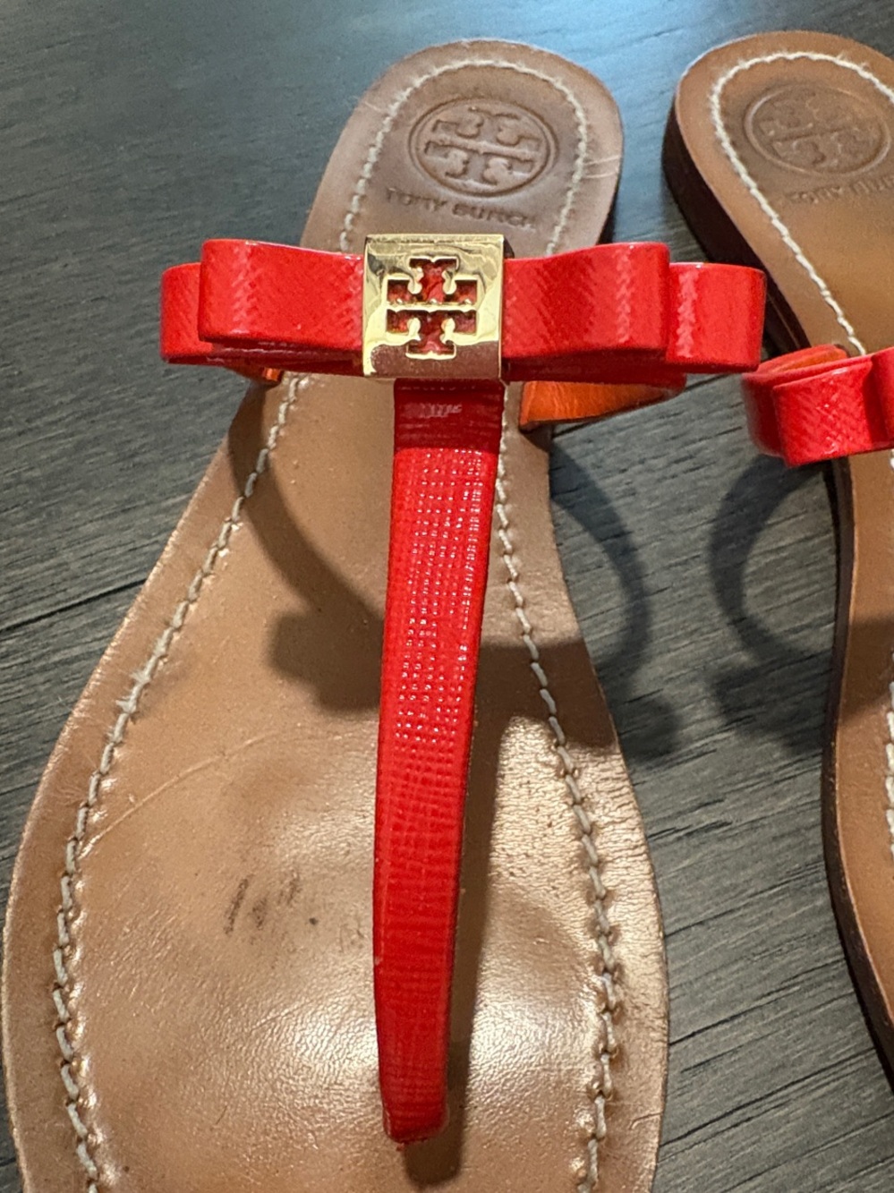 Tory Burch Orange Bow Thong Sandals with Gold Logo
